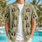 Man wearing Men's Cone Carolers Custom Face Hawaiian Shirt open over a white tee