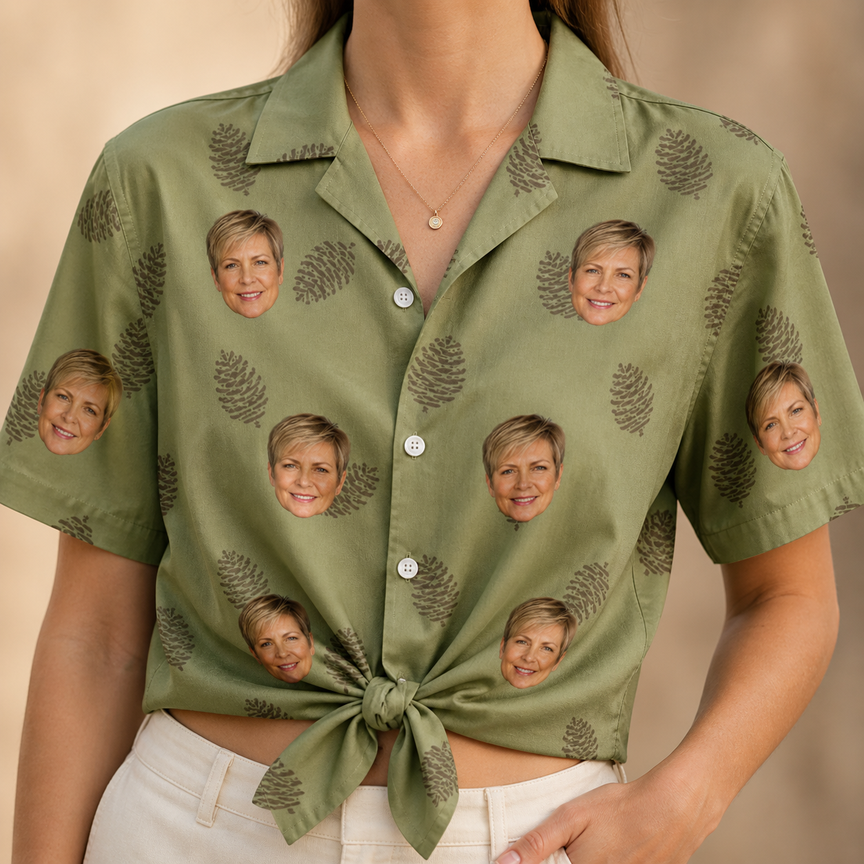 Woman wearing Women's Cone Carolers Custom Face Hawaiian Shirt tied at the waist