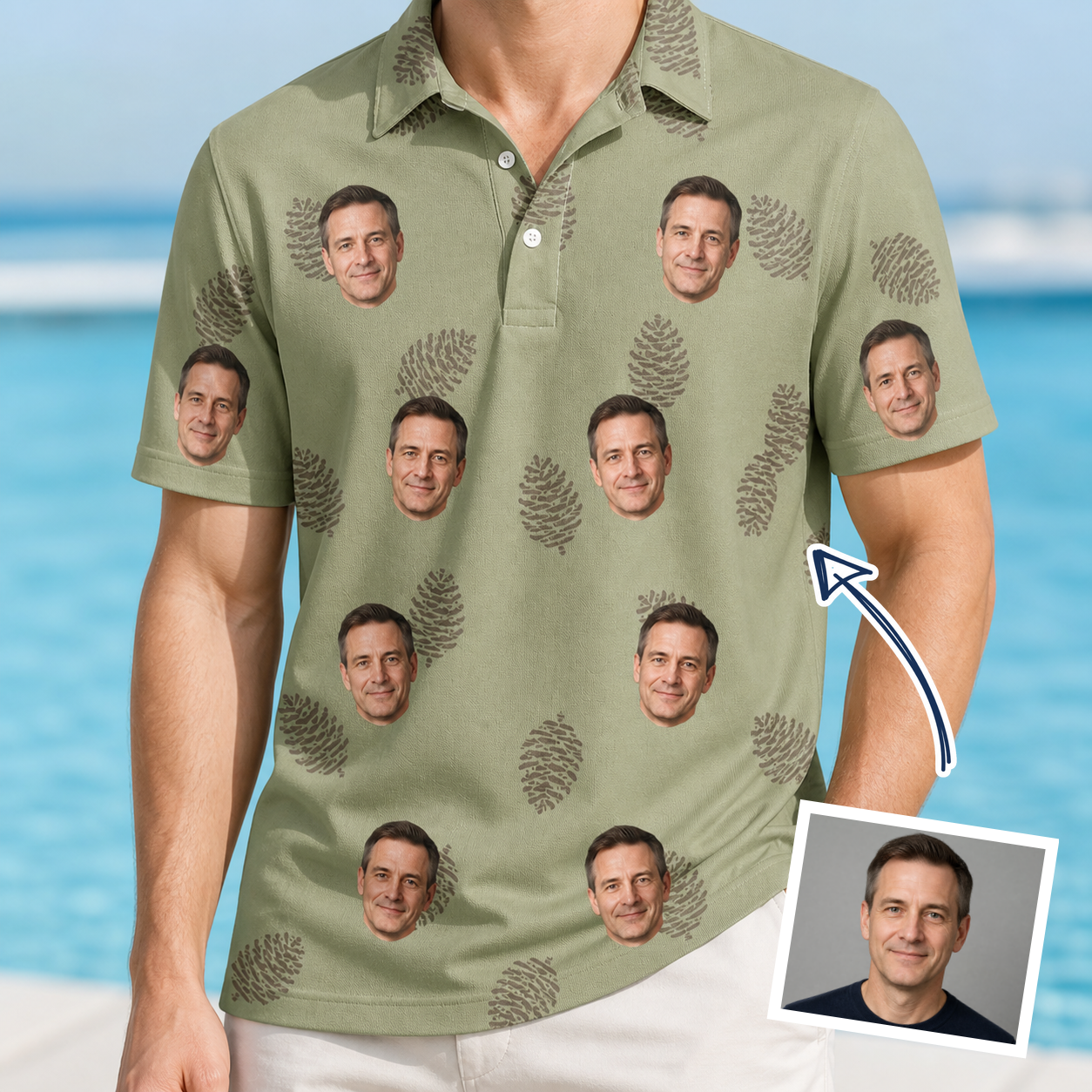 Man wearing Men's Cone Carolers Custom Face Polo Shirt — custom faces printed all-over