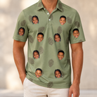 Model wearing Men's Cone Carolers Custom Face Polo Shirt printed with kids' faces