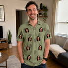 Real-life photo of someone wearing Men's Cone Carolers Custom Face Polo Shirt — custom faces printed all-over