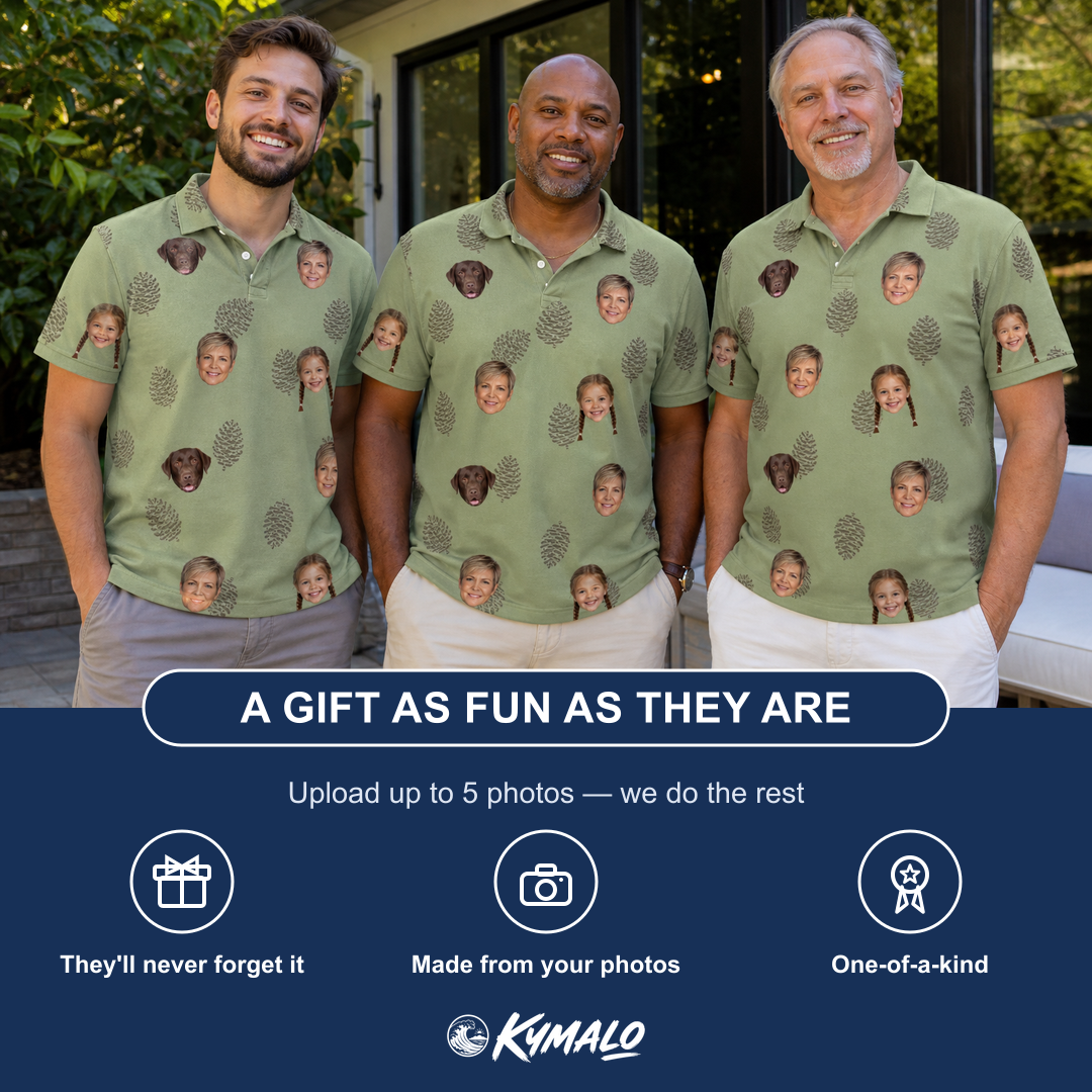 Friends in matching Men's Cone Carolers Custom Face Polo Shirt — a group gift photo
