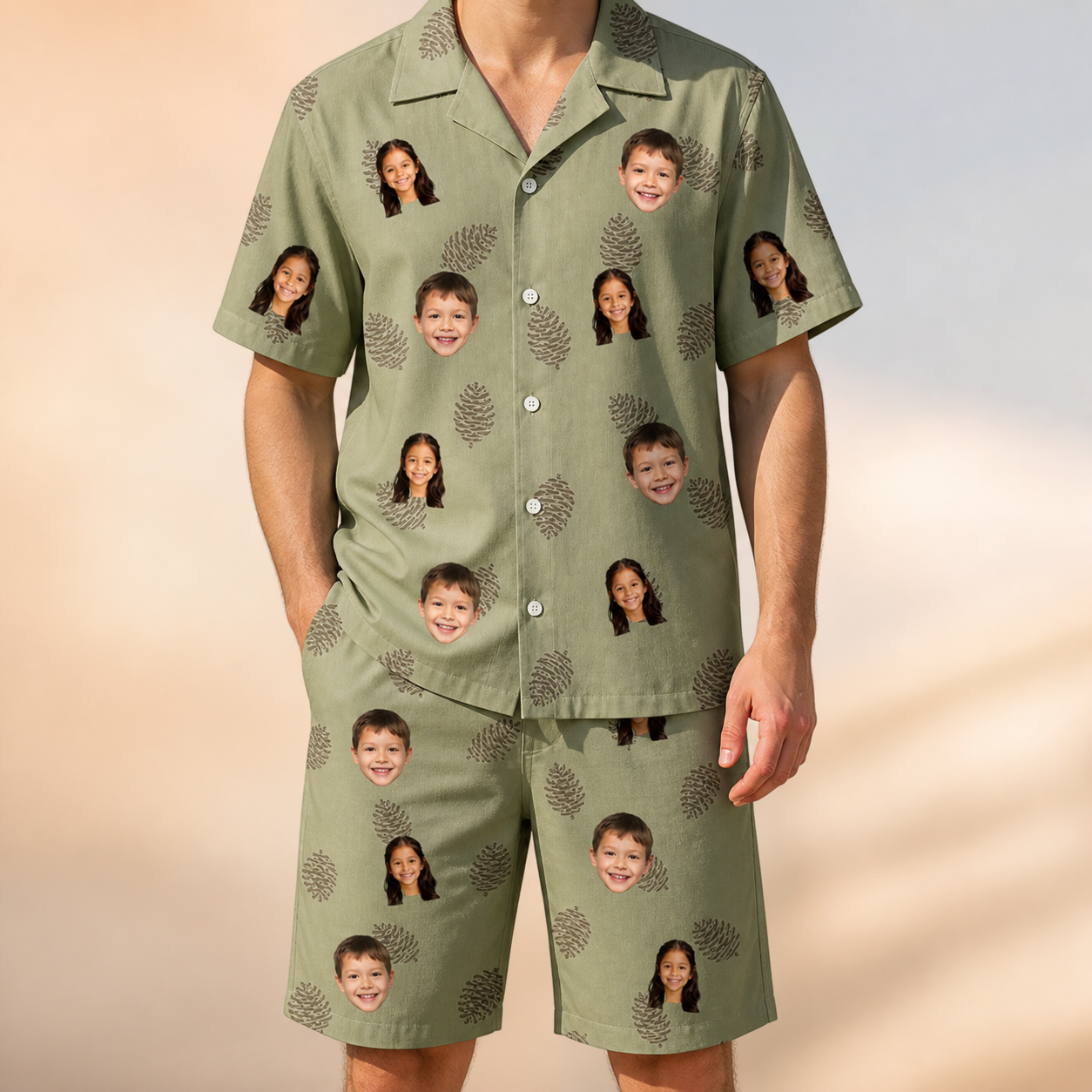 Model wearing Men's Cone Carolers Custom Face Shirt & Shorts Set printed with kids' faces