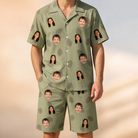 Model wearing Men's Cone Carolers Custom Face Shirt & Shorts Set printed with kids' faces