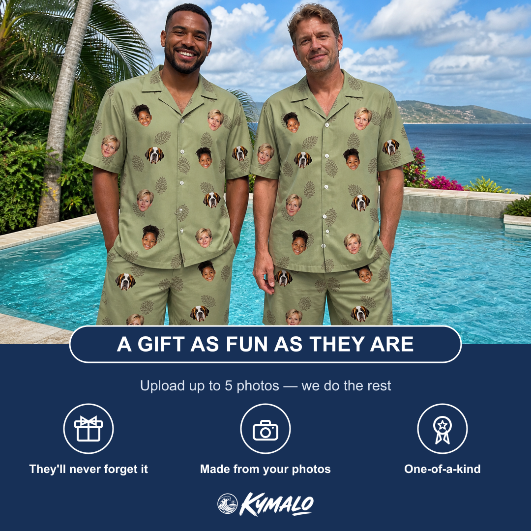 Friends in matching Men's Cone Carolers Custom Face Shirt & Shorts Set — a group gift photo