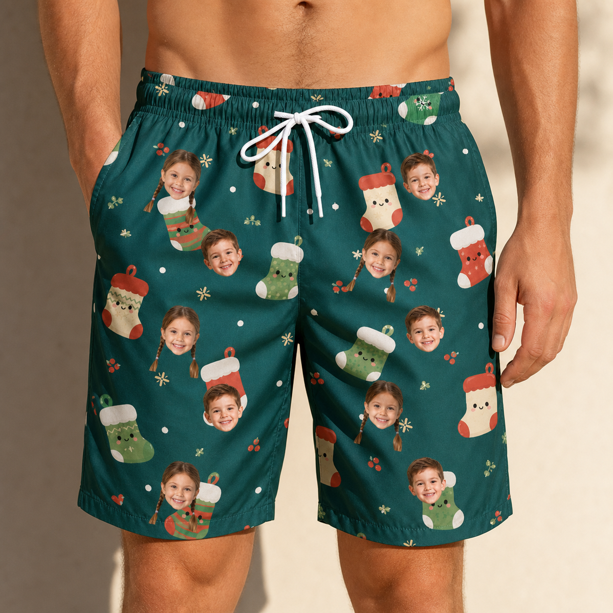 Model wearing Men's Chimney Cheer Custom Face Beach Shorts printed with kids' faces