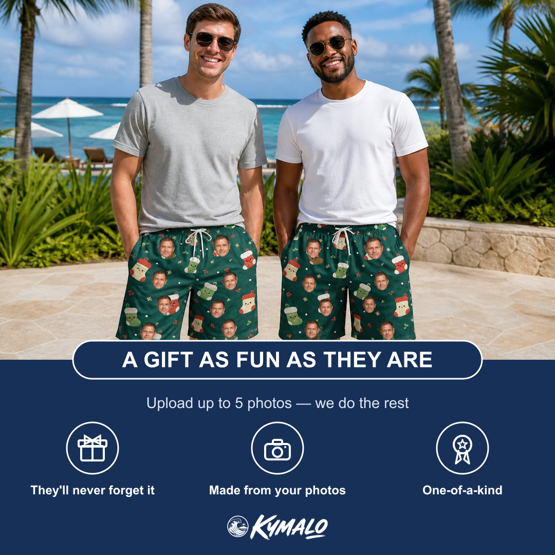 Friends in matching Men's Chimney Cheer Custom Face Beach Shorts — a group gift photo