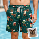 Man wearing Men's Chimney Cheer Custom Cat Face Beach Shorts — custom faces printed all-over