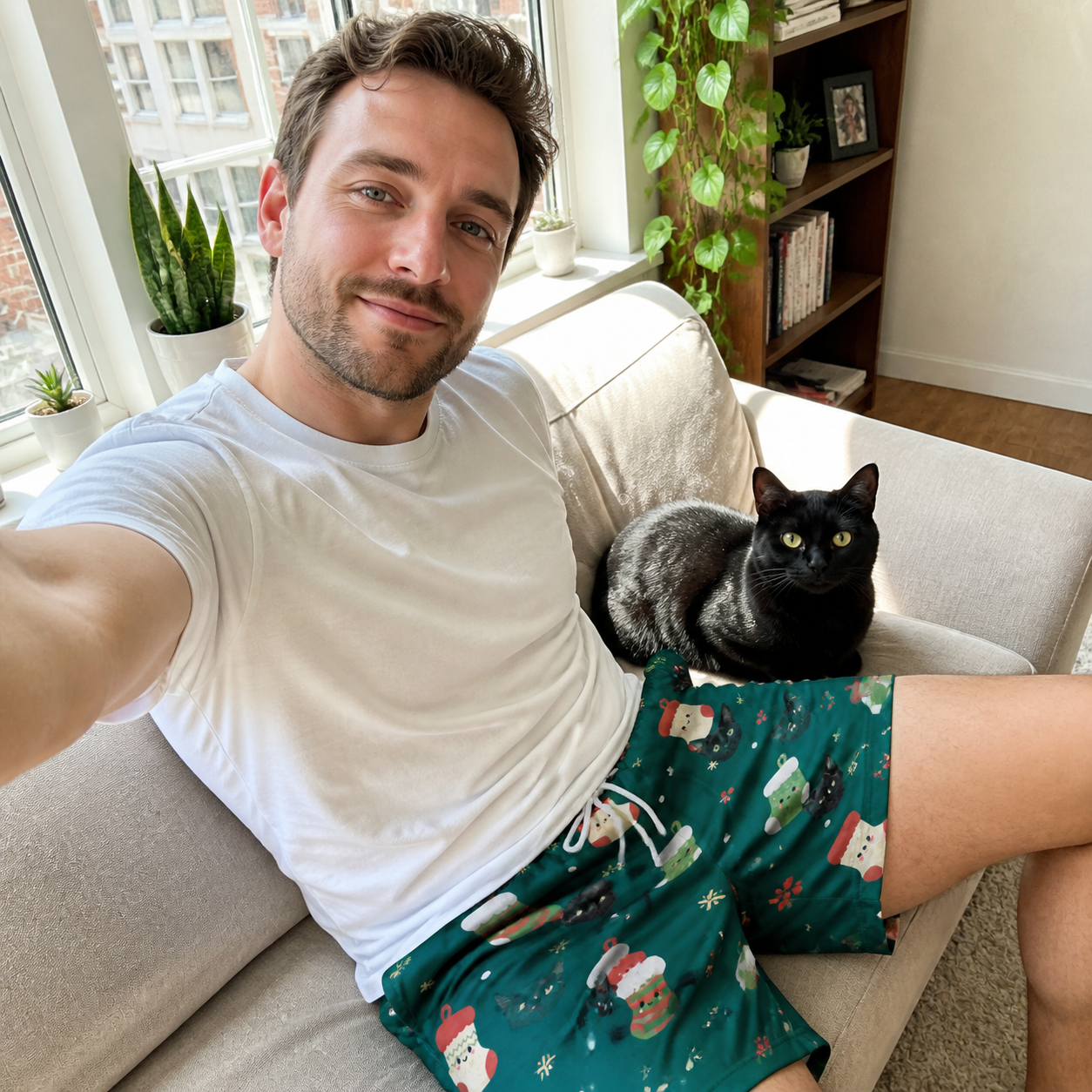 Selfie with the pet whose face is printed all over this Men's Chimney Cheer Custom Cat Face Beach Shorts