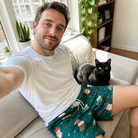 Selfie with the pet whose face is printed all over this Men's Chimney Cheer Custom Cat Face Beach Shorts