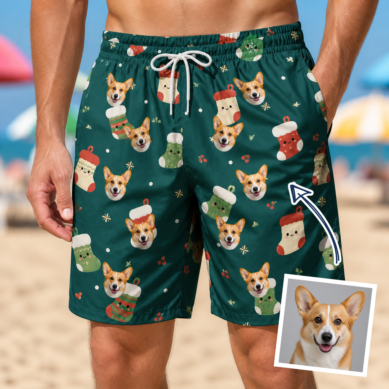 Man wearing Men's Chimney Cheer Custom Dog Face Beach Shorts — custom faces printed all-over