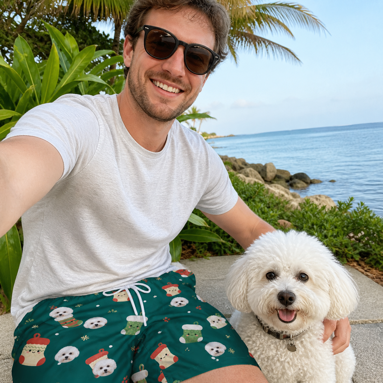 Selfie with the pet whose face is printed all over this Men's Chimney Cheer Custom Dog Face Beach Shorts
