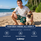 Friends in matching Men's Chimney Cheer Custom Dog Face Beach Shorts — a group gift photo
