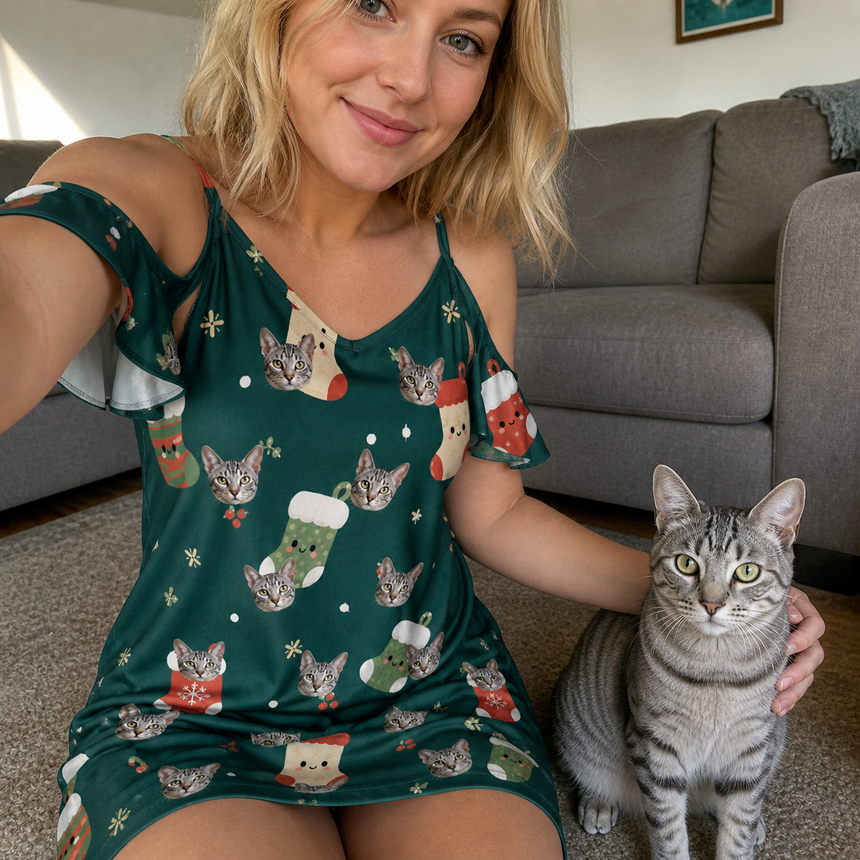 Selfie with the pet whose face is printed all over this Women's Chimney Cheer Custom Cat Face Off-Shoulder Dress