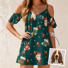 Woman wearing Women's Chimney Cheer Custom Dog Face Off-Shoulder Dress — custom faces printed all-over