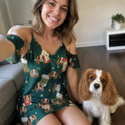Selfie with the pet whose face is printed all over this Women's Chimney Cheer Custom Dog Face Off-Shoulder Dress