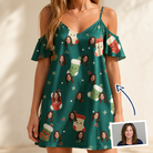 Woman wearing Women's Chimney Cheer Custom Face Off-Shoulder Dress — custom faces printed all-over
