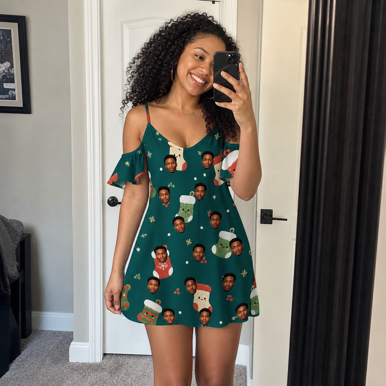 Real-life photo of someone wearing Women's Chimney Cheer Custom Face Off-Shoulder Dress — custom faces printed all-over
