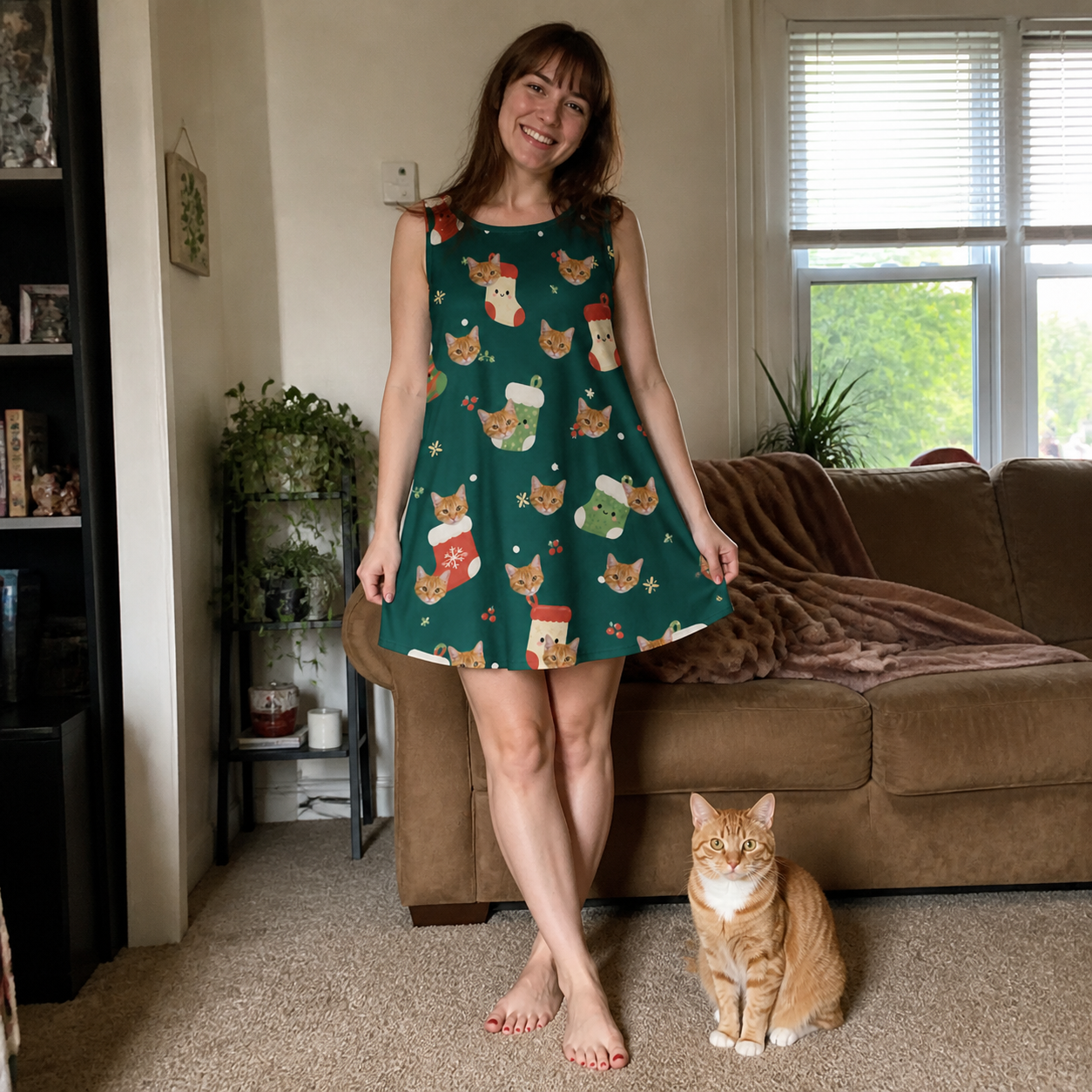 Full-length photo with the pet printed all over this Women's Chimney Cheer Custom Cat Face Tank Dress