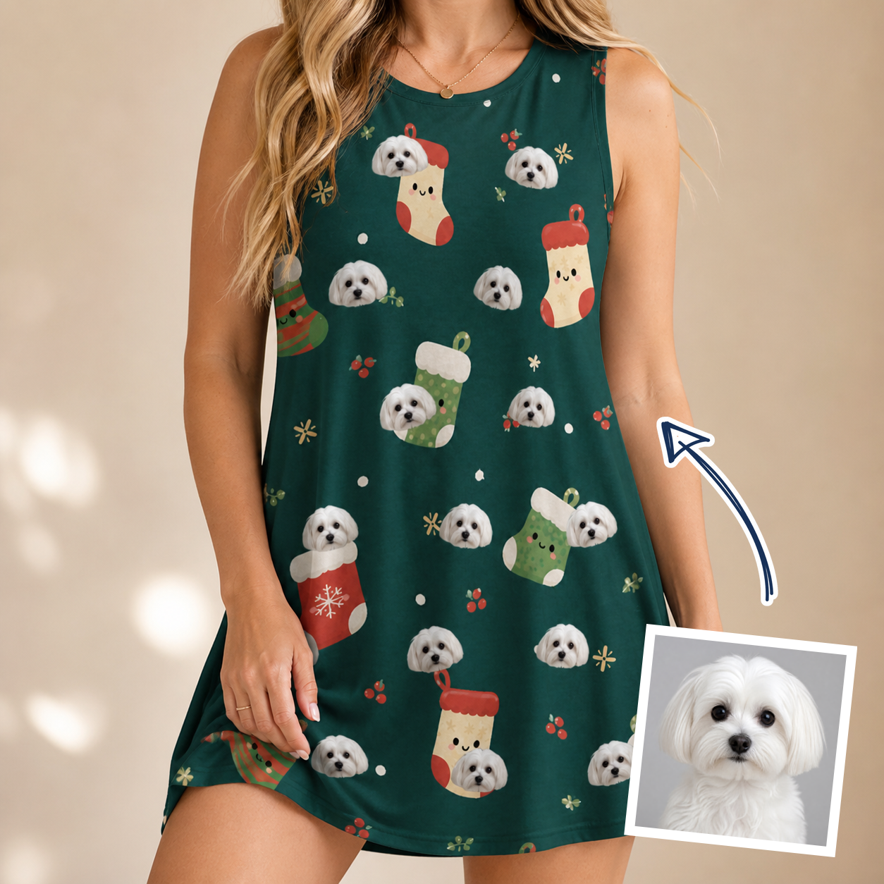 Woman wearing Women's Chimney Cheer Custom Dog Face Tank Dress — custom faces printed all-over
