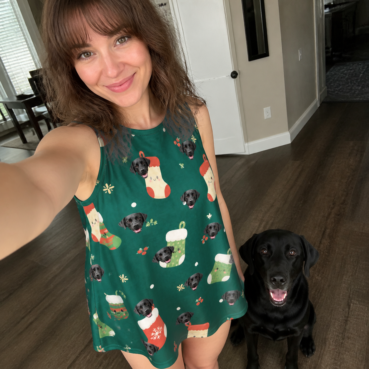 Selfie with the pet whose face is printed all over this Women's Chimney Cheer Custom Dog Face Tank Dress