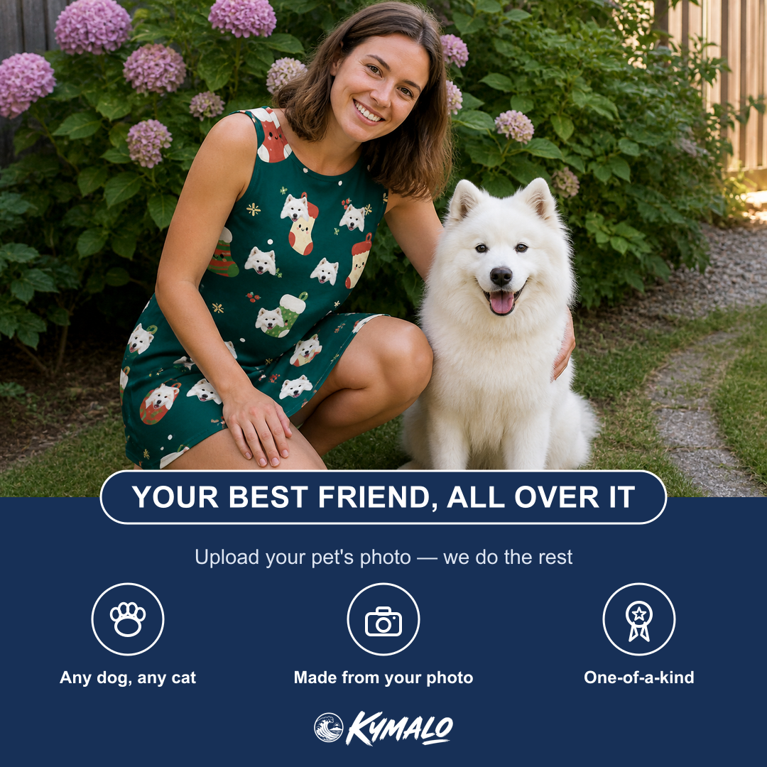 Friends in matching Women's Chimney Cheer Custom Dog Face Tank Dress — a group gift photo