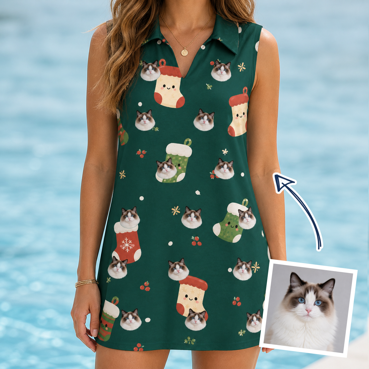 Woman wearing Women's Chimney Cheer Custom Cat Face V-Neck Dress — custom faces printed all-over