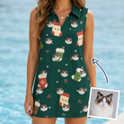 Woman wearing Women's Chimney Cheer Custom Cat Face V-Neck Dress — custom faces printed all-over