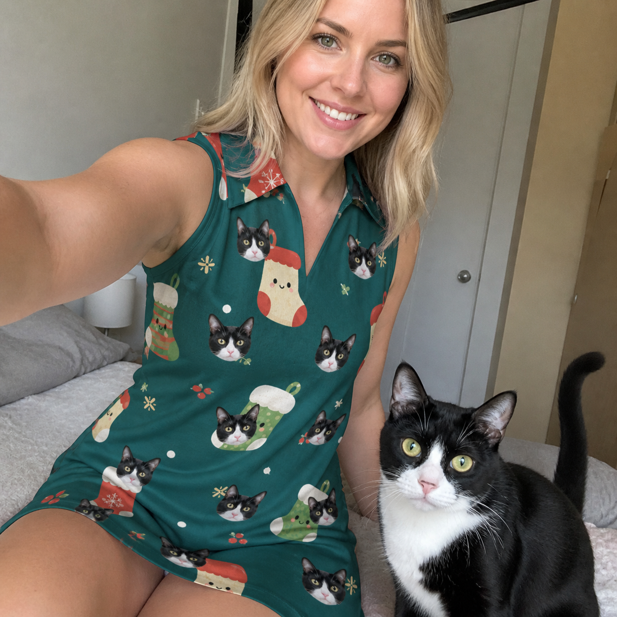 Selfie with the pet whose face is printed all over this Women's Chimney Cheer Custom Cat Face V-Neck Dress