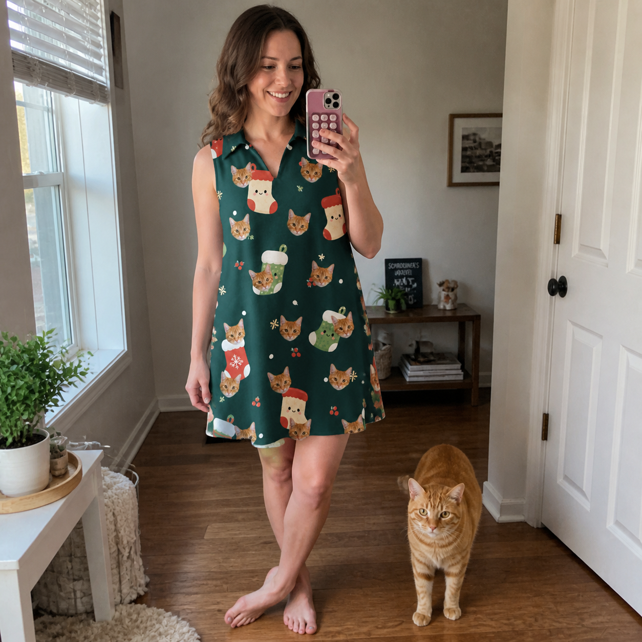 Full-length photo with the pet printed all over this Women's Chimney Cheer Custom Cat Face V-Neck Dress