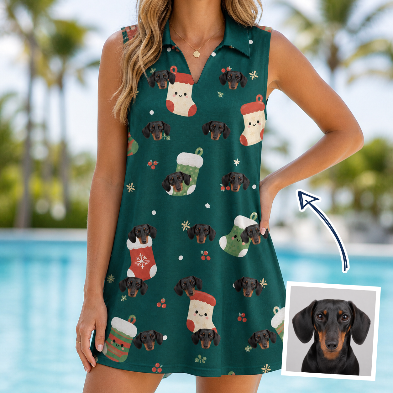 Woman wearing Women's Chimney Cheer Custom Dog Face V-Neck Dress — custom faces printed all-over