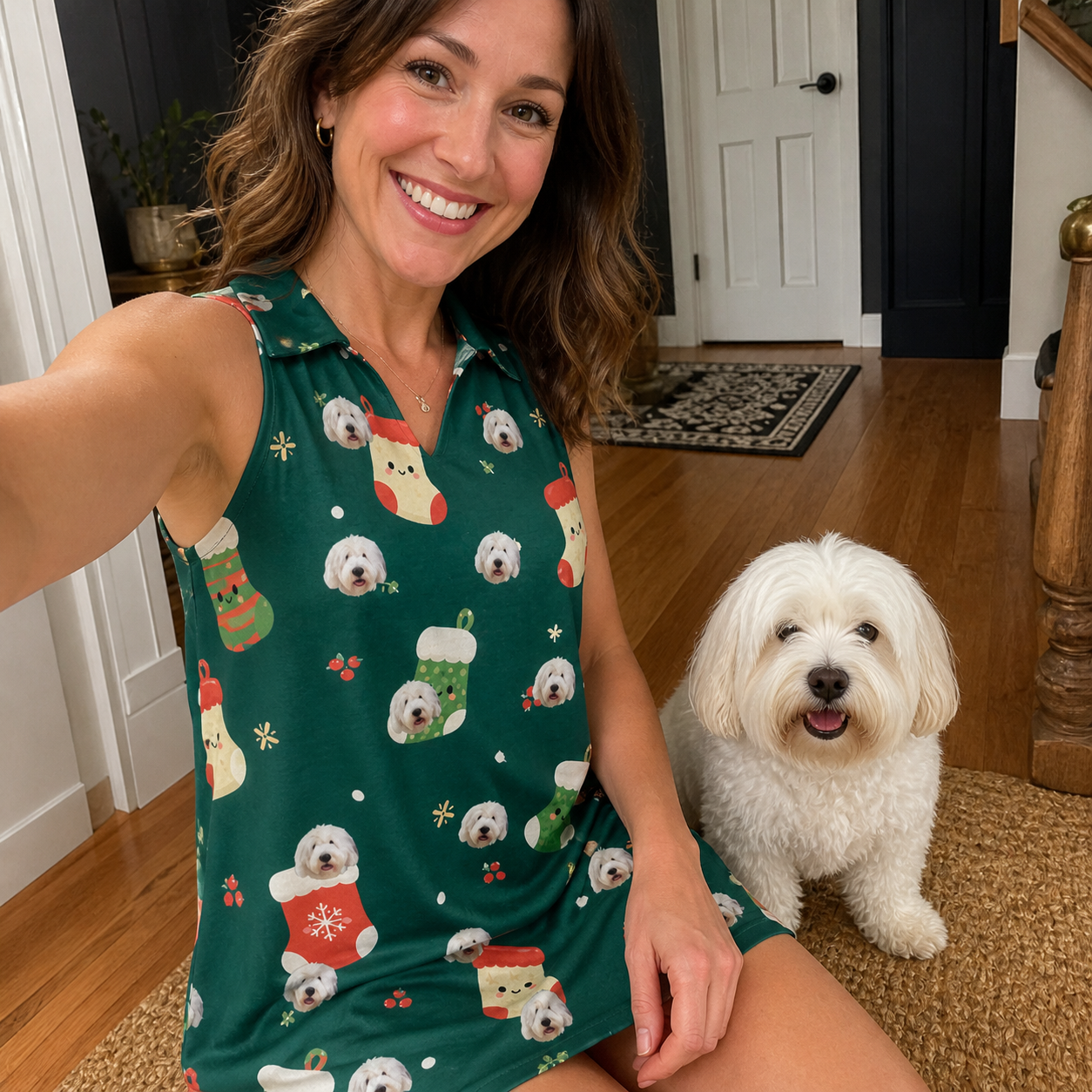 Selfie with the pet whose face is printed all over this Women's Chimney Cheer Custom Dog Face V-Neck Dress