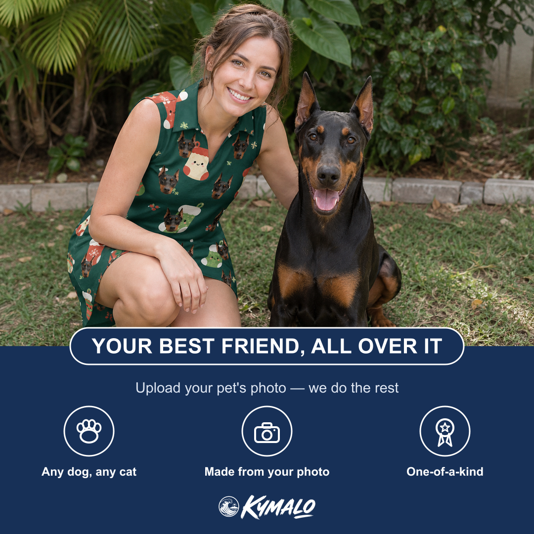 Friends in matching Women's Chimney Cheer Custom Dog Face V-Neck Dress — a group gift photo