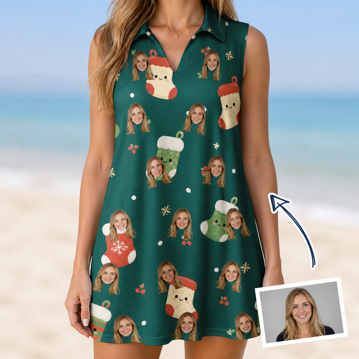 Woman wearing Women's Chimney Cheer Custom Face V-Neck Dress — custom faces printed all-over