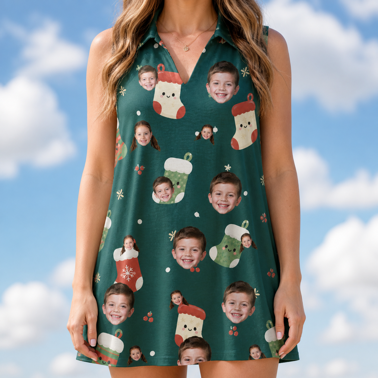 Model wearing Women's Chimney Cheer Custom Face V-Neck Dress printed with kids' faces