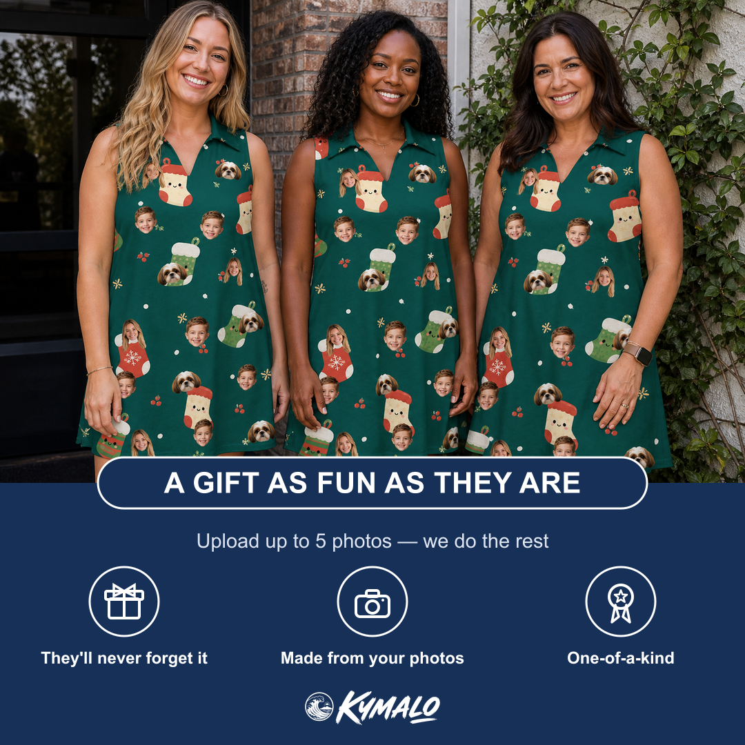 Friends in matching Women's Chimney Cheer Custom Face V-Neck Dress — a group gift photo