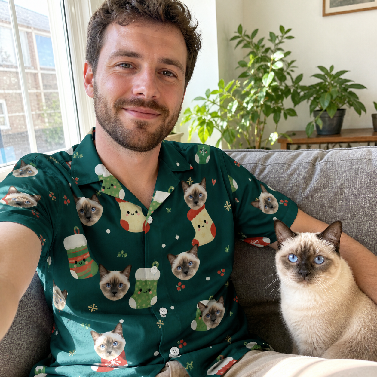Selfie with the pet whose face is printed all over this Men's Chimney Cheer Custom Cat Face Hawaiian Shirt