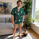 Full-length photo with the pet printed all over this Men's Chimney Cheer Custom Cat Face Hawaiian Shirt