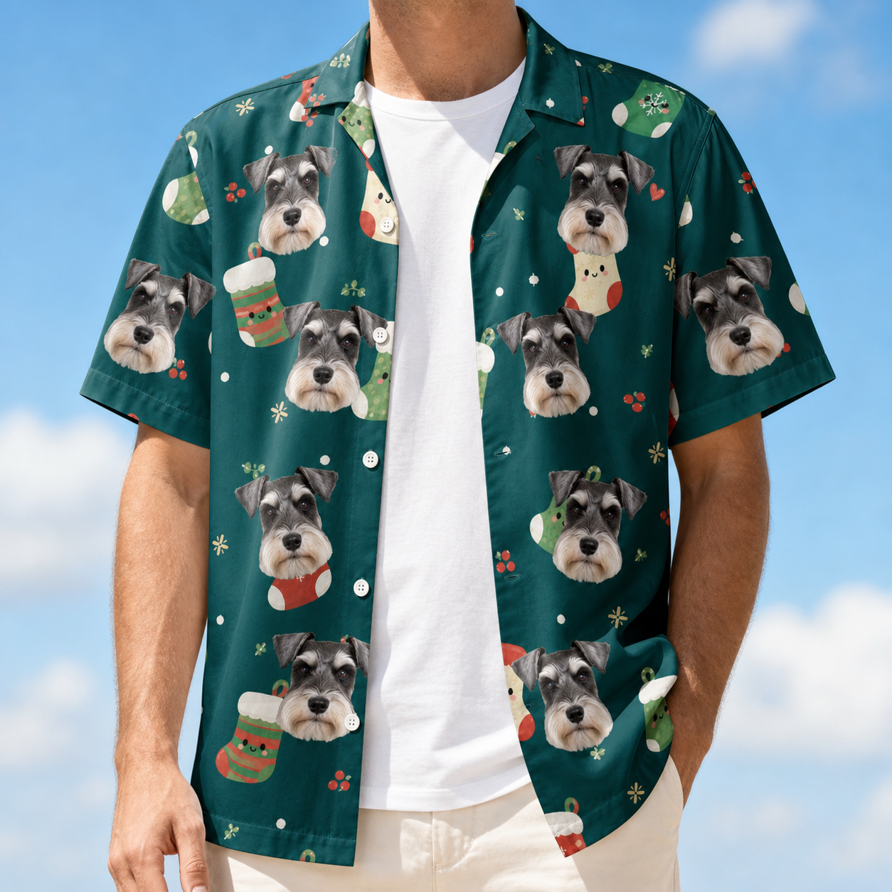 Man wearing Men's Chimney Cheer Custom Dog Face Hawaiian Shirt open over a white tee