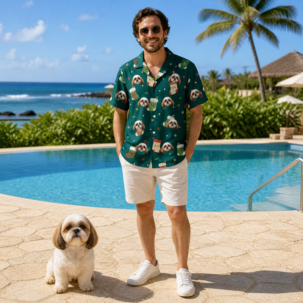 Full-length photo with the pet printed all over this Men's Chimney Cheer Custom Dog Face Hawaiian Shirt