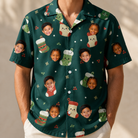 Model wearing Men's Chimney Cheer Custom Face Hawaiian Shirt printed with kids' faces