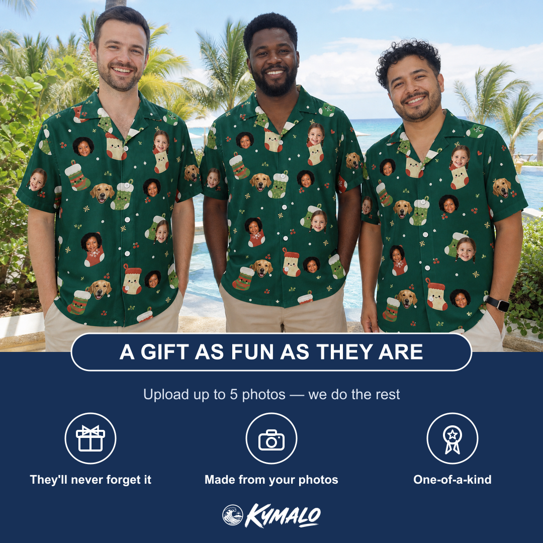 Friends in matching Men's Chimney Cheer Custom Face Hawaiian Shirt — a group gift photo
