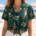 Woman wearing Women's Chimney Cheer Custom Cat Face Hawaiian Shirt tied at the waist