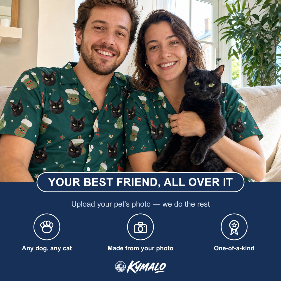 Friends in matching Women's Chimney Cheer Custom Cat Face Hawaiian Shirt — a group gift photo