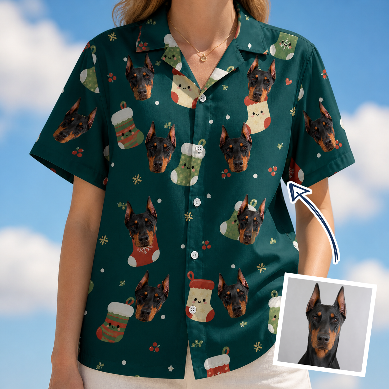 Woman wearing Women's Chimney Cheer Custom Dog Face Hawaiian Shirt — custom faces printed all-over