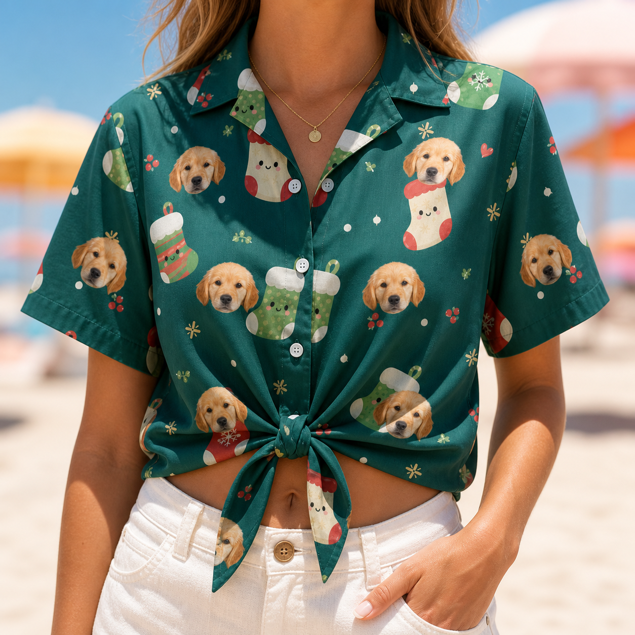 Woman wearing Women's Chimney Cheer Custom Dog Face Hawaiian Shirt tied at the waist