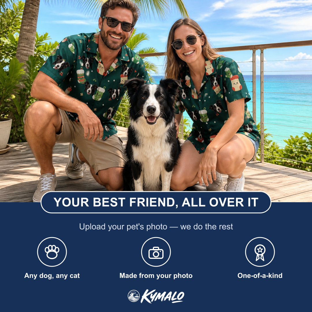 Friends in matching Women's Chimney Cheer Custom Dog Face Hawaiian Shirt — a group gift photo