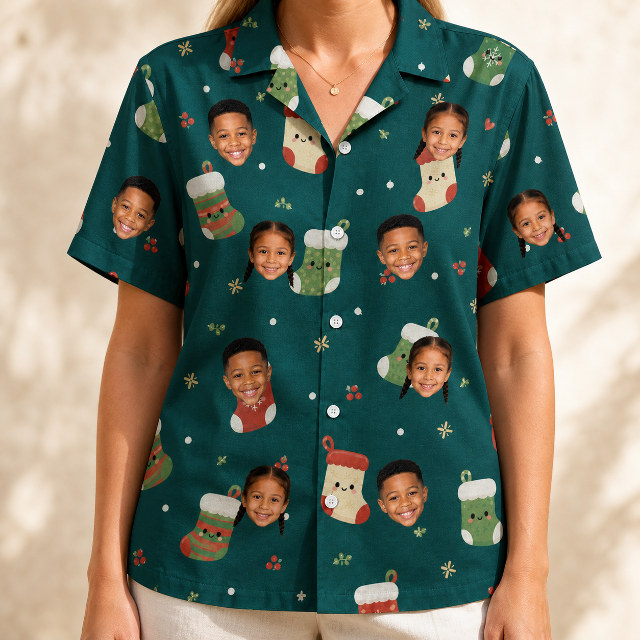 Model wearing Women's Chimney Cheer Custom Face Hawaiian Shirt printed with kids' faces