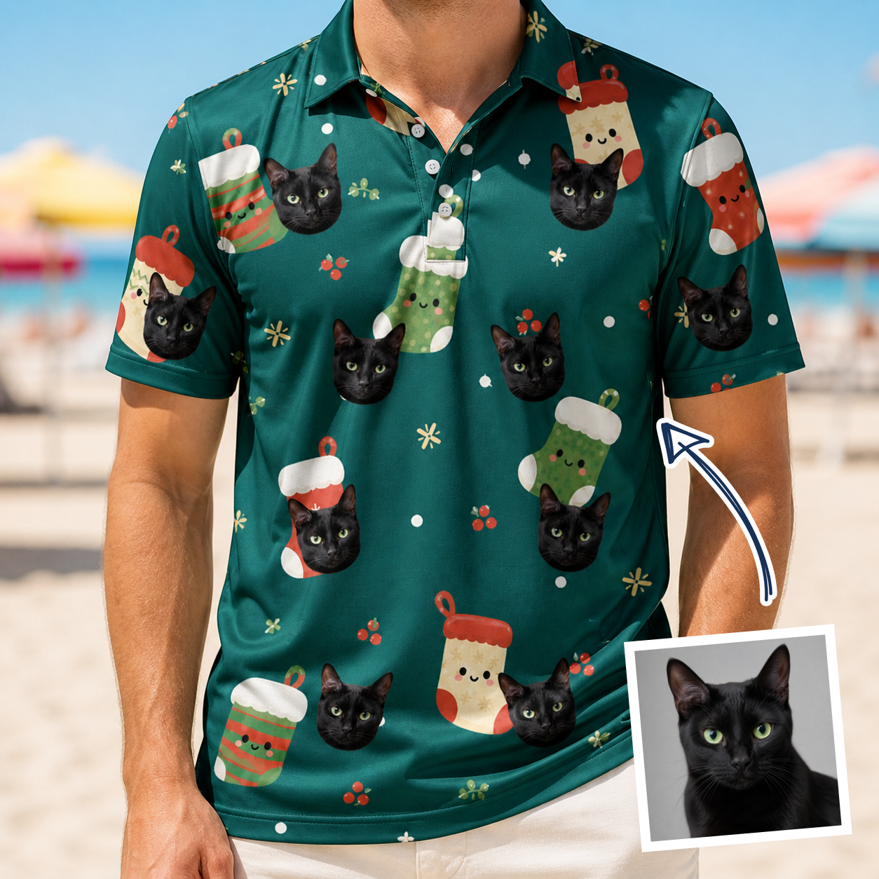 Man wearing Men's Chimney Cheer Custom Cat Face Polo Shirt — custom faces printed all-over