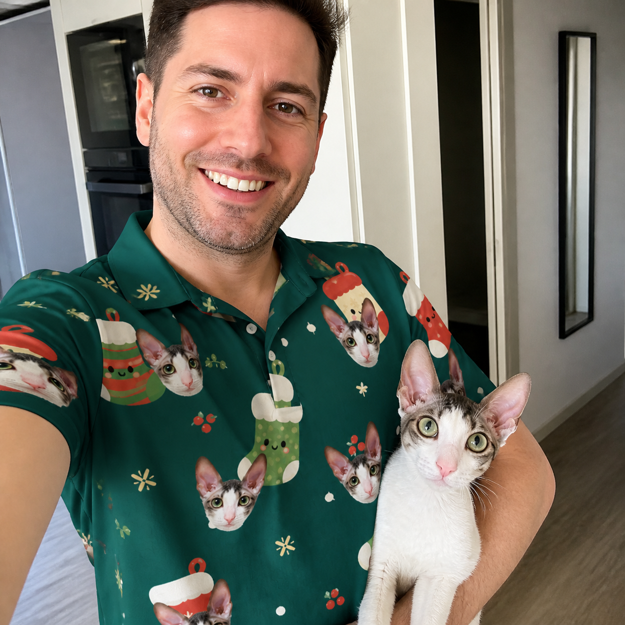 Selfie with the pet whose face is printed all over this Men's Chimney Cheer Custom Cat Face Polo Shirt